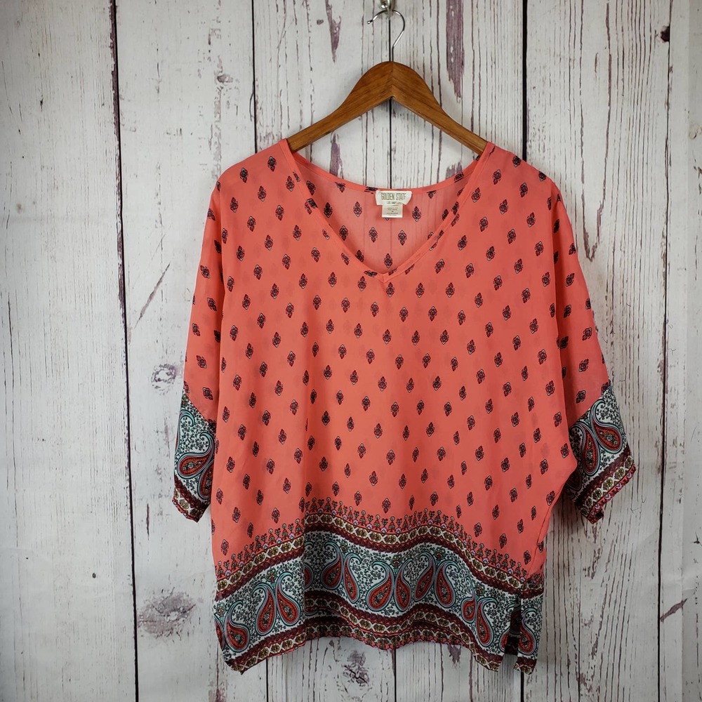 Golden State Boxy Blouse Womens Size Medium Flowy Paisley Orange